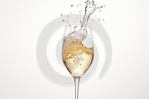 Champagne splashing out of a glass, isolated on white background.Generative AI