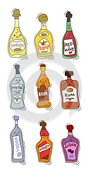 Champagne tequila red wine martini beer rum vodka whiskey liquor with smile on white background. Cartoon sketch graphic design.