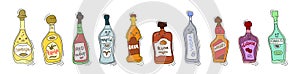 Champagne, tequila red wine martini beer rum vodka whiskey liquor and vermouth with smile on white background. Cartoon sketch