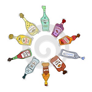 Champagne, tequila red wine martini beer rum vodka whiskey liquor and vermouth with smile on white background. Cartoon sketch.