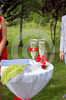 Champagne to the newlyweds on the table