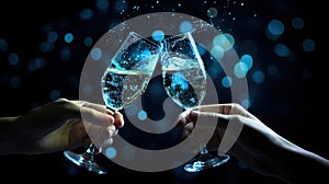 Champagne toast on blue bokeh background. Merry Christmas and Happy New Year concept