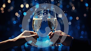 Champagne toast on blue bokeh background. Merry Christmas and Happy New Year concept