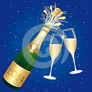 Champagne toast. Blue and gold Happy New Year 2024 or Congratulations Greeting card. Vector illustration.