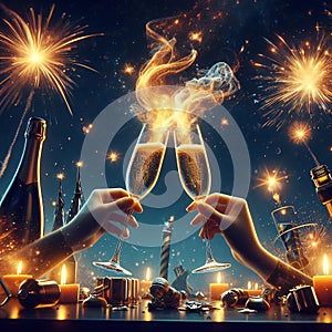 Champagne Toast Celebration in 3D: Captivating Photography with Firework Backdrop, Tattoo Art, and Blue Sky Elegance