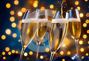 Champagne Toast Celebration - Happy New Year With Golden Glitter On Blue