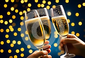 Champagne Toast Celebration - Happy New Year With Golden Glitter On Blue