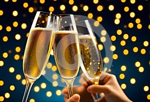Champagne Toast Celebration - Happy New Year With Golden Glitter On Blue