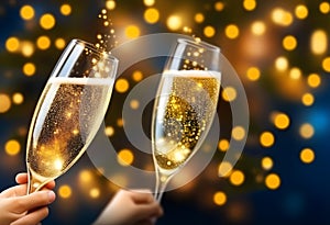 Champagne Toast Celebration - Happy New Year With Golden Glitter On Blue