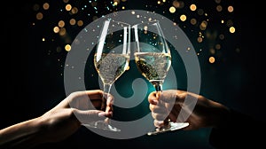 Champagne toast on emerald green background with bokeh. Merry Christmas and Happy New Year concept