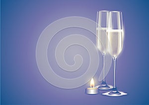 Champagne two full flutes or glasses white sparkling wine and christmas candle. Winter holiday card on faded purple background