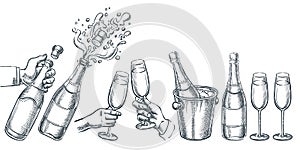 Champagne vector hand drawn sketch illustration. Human hand holding explosion champagne bottle and drinking glass