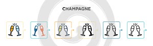 Champagne vector icon in 6 different modern styles. Black, two colored champagne icons designed in filled, outline, line and