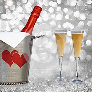 Champagne In Vintage Silver Bucket With Textured Paloma Grey Background