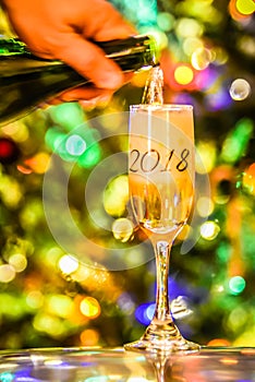 Champagne or wine 2018 glass on sparkling background