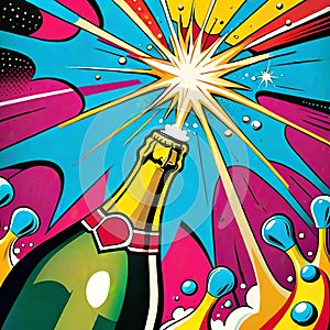 Champagne wine bottle cork pop art party fizz