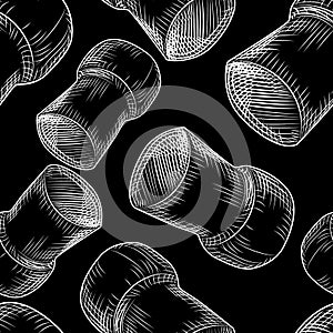 Champagne wine bottle cork seamless pattern on black background.