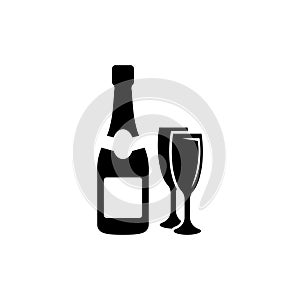 Champagne Wine Bottle and Two Glasses. Flat Vector Icon illustration. Simple black symbol on white background. Champagne Wine