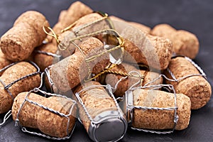 Champagne wine corks texture background close-up