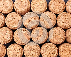 Champagne wine corks texture background close-up.Flat lay