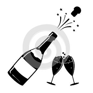 Champagne, or wine icon. Black silhouette of a champagne bottle and a glass. Iconography. Vector