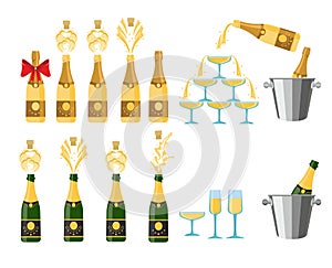 Champagnes party elements. Champagne bottle explosion nd glasses with sparkling wine isolated on white background