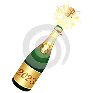 Champaign bottle. Cork explosion. Festive icon. Vector illustration.