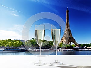 Champaign Glasses and Eiffel tower in Paris