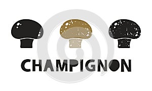 Champignon mushroom, silhouette icons set with lettering. Imitation of stamp, print with scuffs