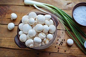 Champignon mushrooms in a bowl on wooden table