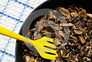 Champignon mushrooms fried, cooked in a frying pan with a yellow spatula, close-up photo