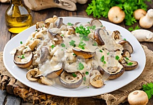 Champignon mushrooms in sour cream sauce. Vegan lunch