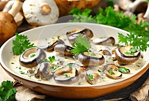 Champignon mushrooms in sour cream sauce. Vegan lunch