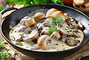 Champignon mushrooms in sour cream sauce. Vegan lunch