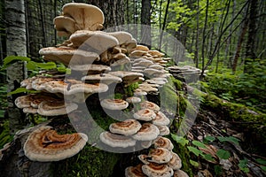 Champignon mushrooms thrive artfully on tree stump, their contrasting shades mesmerizing onlookers