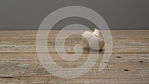 Champignon rolls on a wooden surface on a gray background. Video.