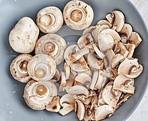 Champignons are on blue plate. View from above, close up