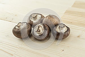 Champignons fresh brown base for flavorful meat sauce on wooden background