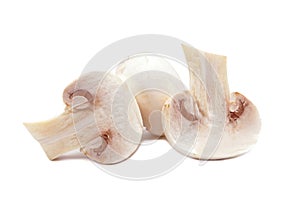 Champignons isolated on white background. Raw whole and sliced mushrooms for cooking.