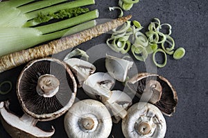 Champignons, leek, parsnip, garlic and fennel on grey background. Top view photo of fresh seasonal vegetables. Healthy menu ideas.