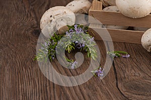 Champignons in a wooden box