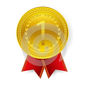 Champion Art Golden Medal with Red Ribbon l Icon Sign First Place Isolated on Background