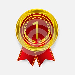 Champion Art Golden Medal with Red Ribbon l Icon Sign First Place Isolated on Background