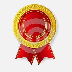 Champion Art Golden Medal with Red Ribbon l Icon Sign First Place Isolated on Background