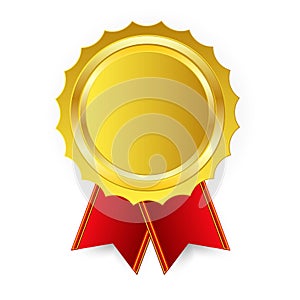 Champion Art Golden Medal with Red Ribbon l Icon Sign First Place Isolated on Background