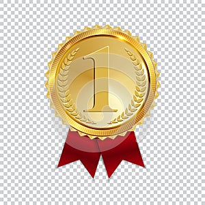 Champion Art Golden Medal with Red Ribbon l Icon Sign First Place Isolated on Transparent Background. Vector