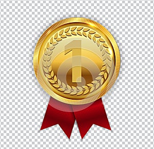 Champion Art Golden Medal with Red Ribbon l Icon Sign First Place Isolated on Transparent Background. Vector Illustration