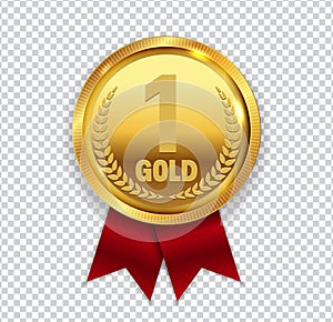 Champion Art Golden Medal with Red Ribbon l Icon Sign First Place Isolated on Transparent Background. Vector Illustration