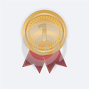Champion Art Golden Medal with Red Ribbon l Icon Sign First Place Isolated on Transparent Background. Vector Illustration EPS10