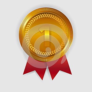 Champion Art Golden Medal with Red Ribbon l Icon Sign First Place Isolated on Transparent Background. Vector Illustration EPS10